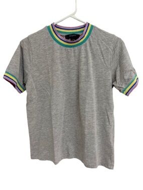 Primark Grey Short Sleeve Tee with Rainbow Stripe Trim
